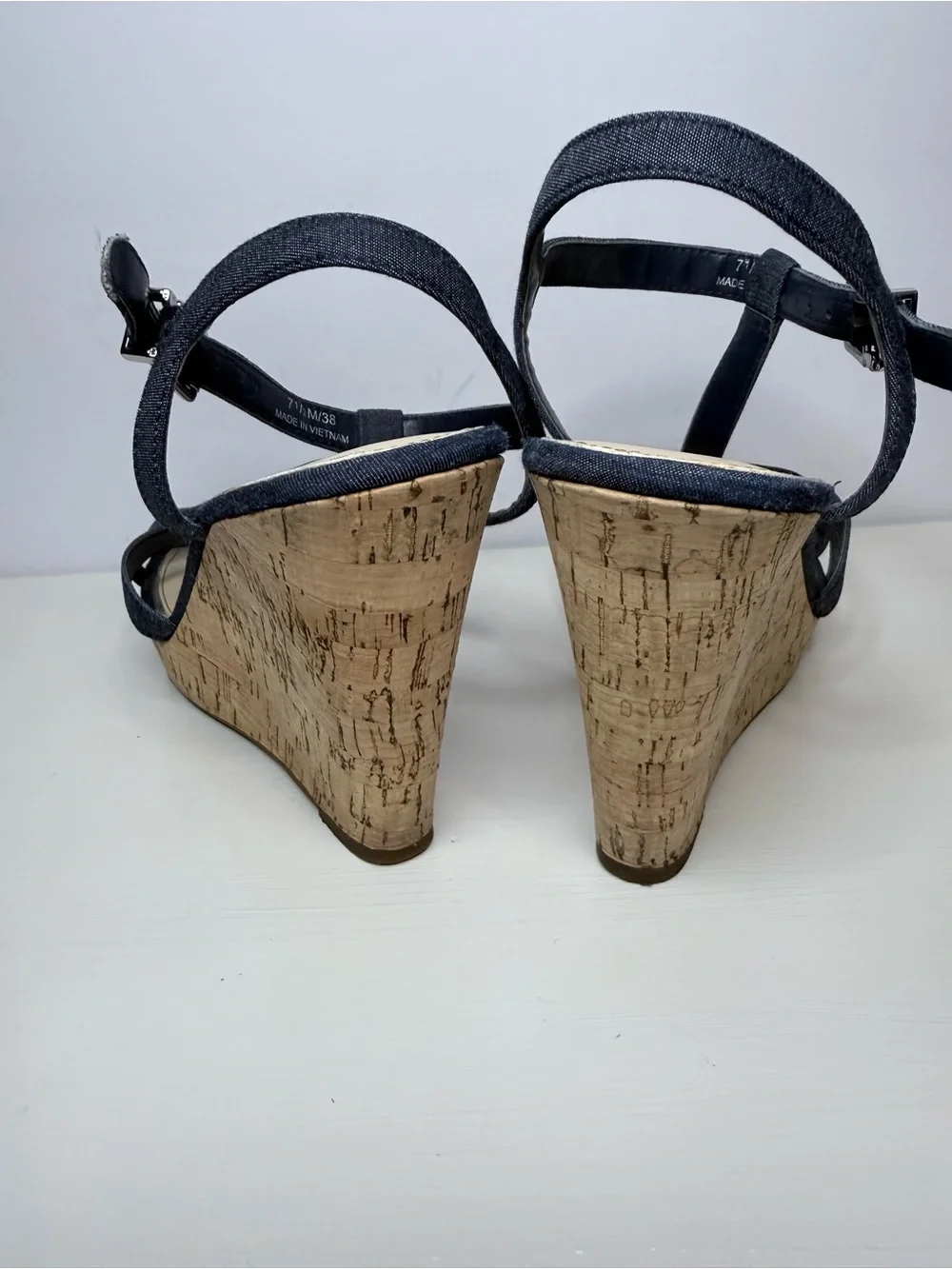 Jessica Simpson Denim Strappy Cork Wedge Navy Sandals Size 7.5